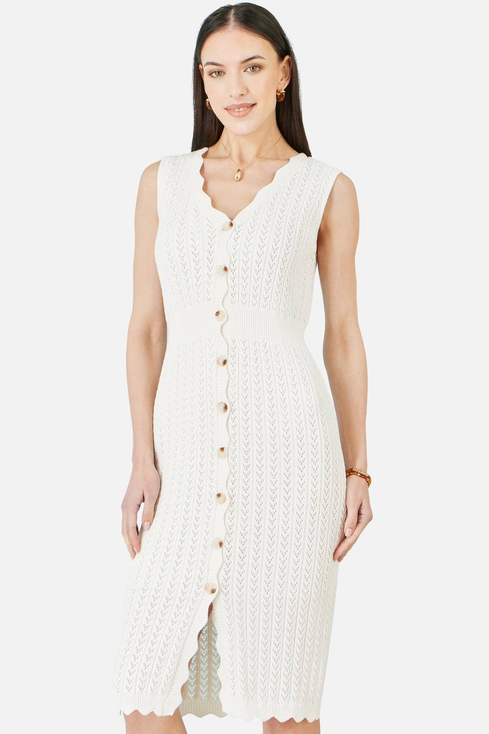 Yumi Ivory Cotton Scallop Crochet Knitted Dress In Warm White