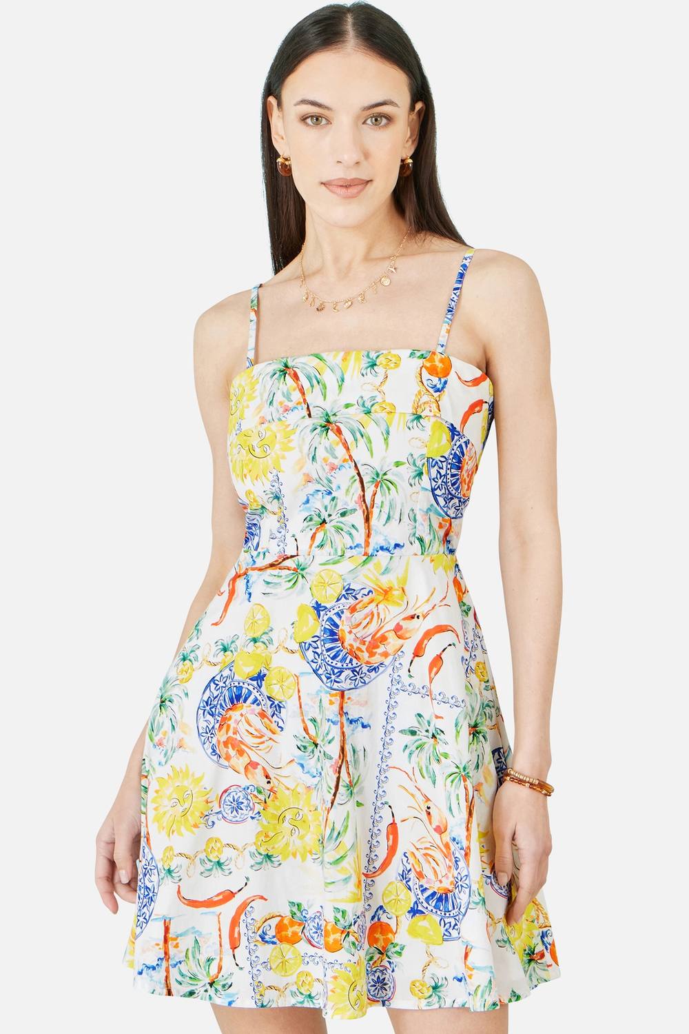 Yumi White Mediterranean Print Cotton Mini Sun Dress In Natural White