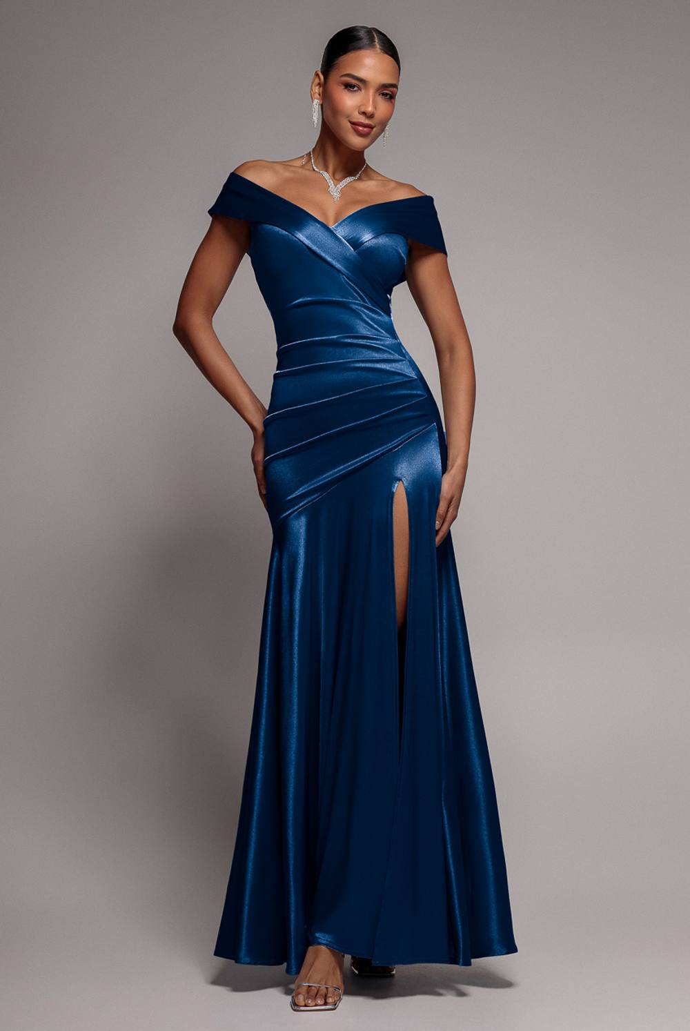 Goddiva Satin Off Shoulder Pleated Maxi Dress In Navy
