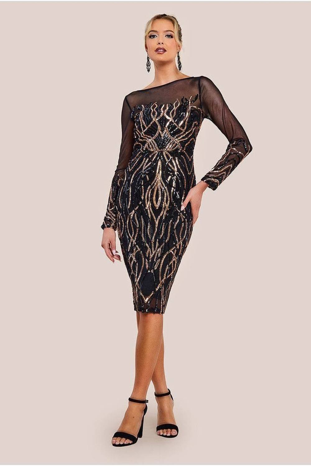 Goddiva Long Sleeve Sequin Flame Midi Dress In Black
