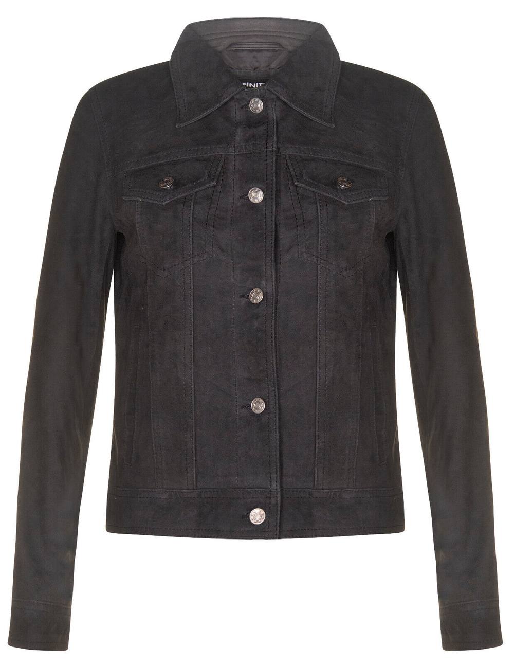 Infinity Leather Goat Suede Trucker Jeans Jacket-Astoria In Black