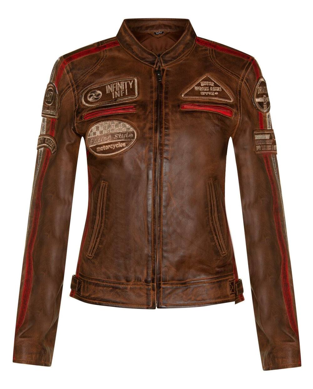 Infinity Leather Leather Biker Racing Badges Jacket-Agadir In Tan