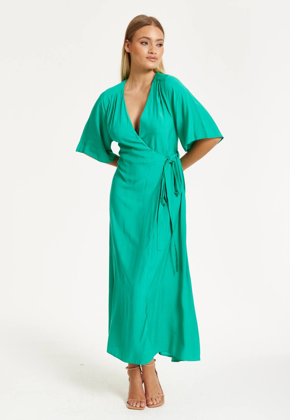 Liquorish Green Maxi Wrap Dress With Kimono Sleeves
