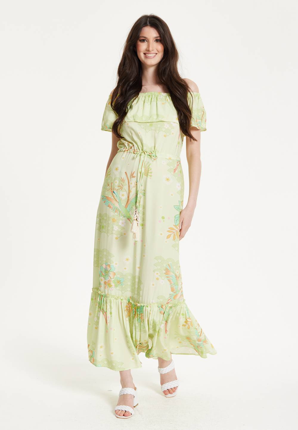 Liquorish Floral And Bird Print Off Shoulder Maxi Dress In Sage Green