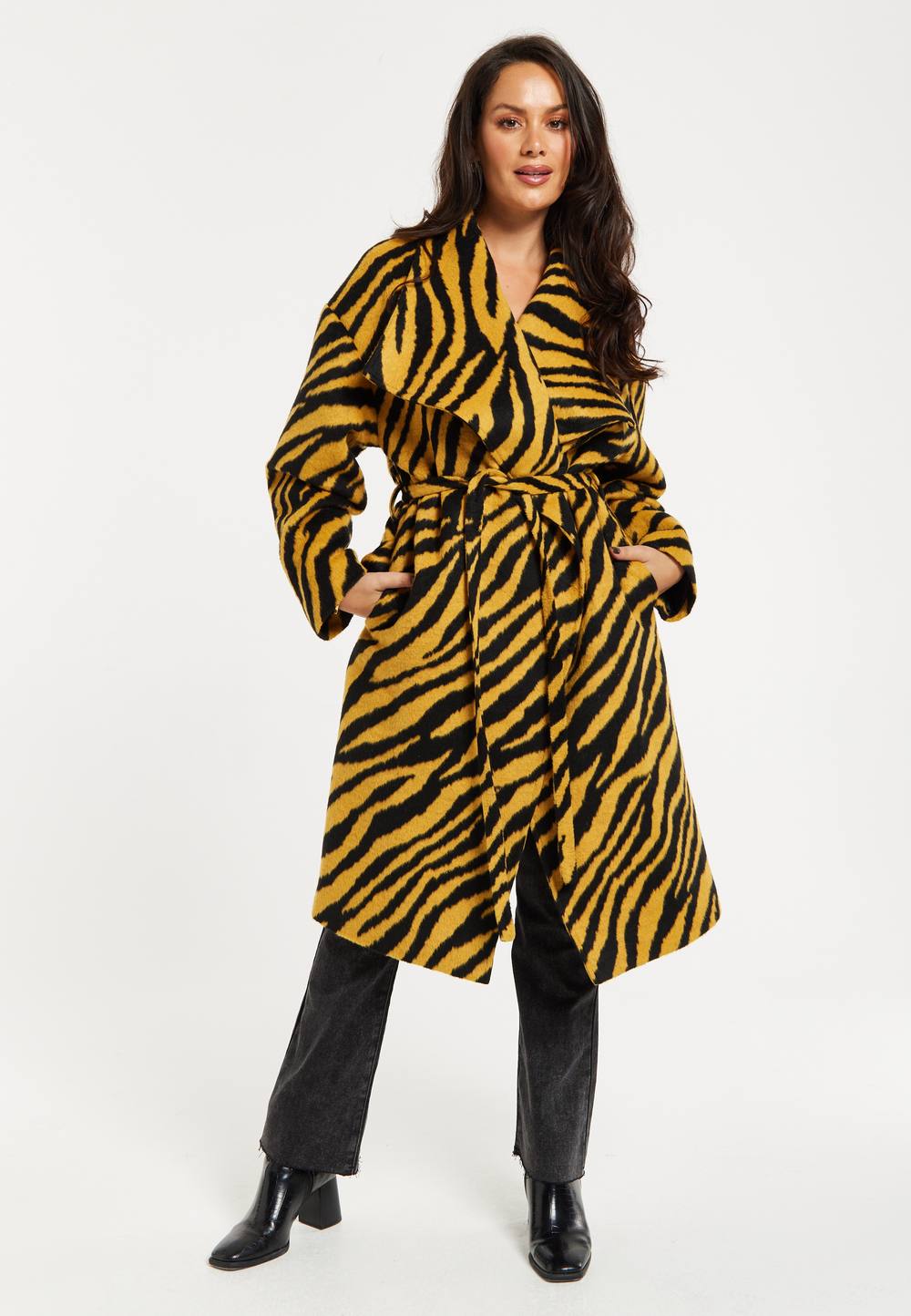 Liquorish Zebra Print Longline Coat In Mustard And Black