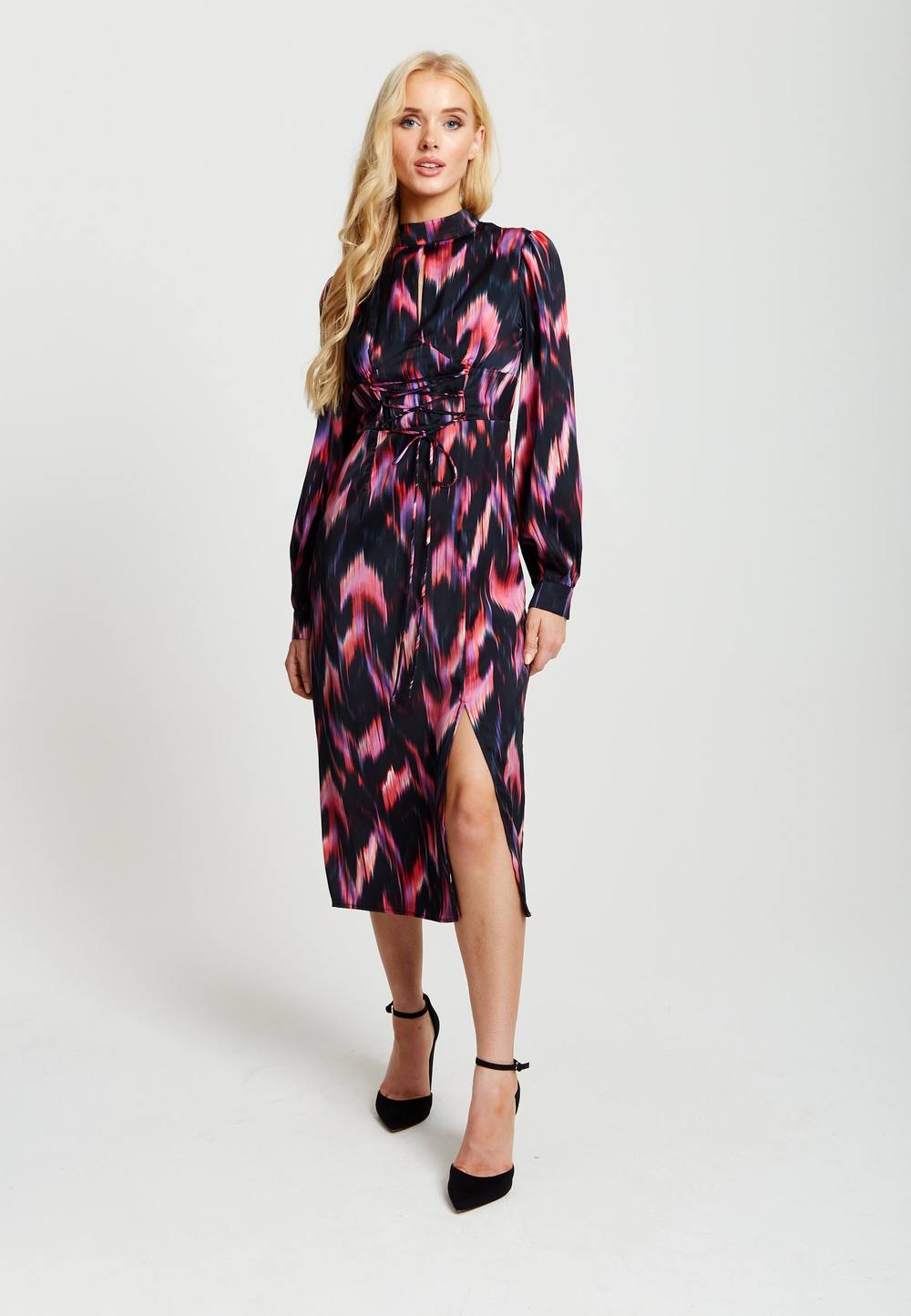 Liquorish Abstract Ikat Print Midi Lace Up Dress In Black And Pink