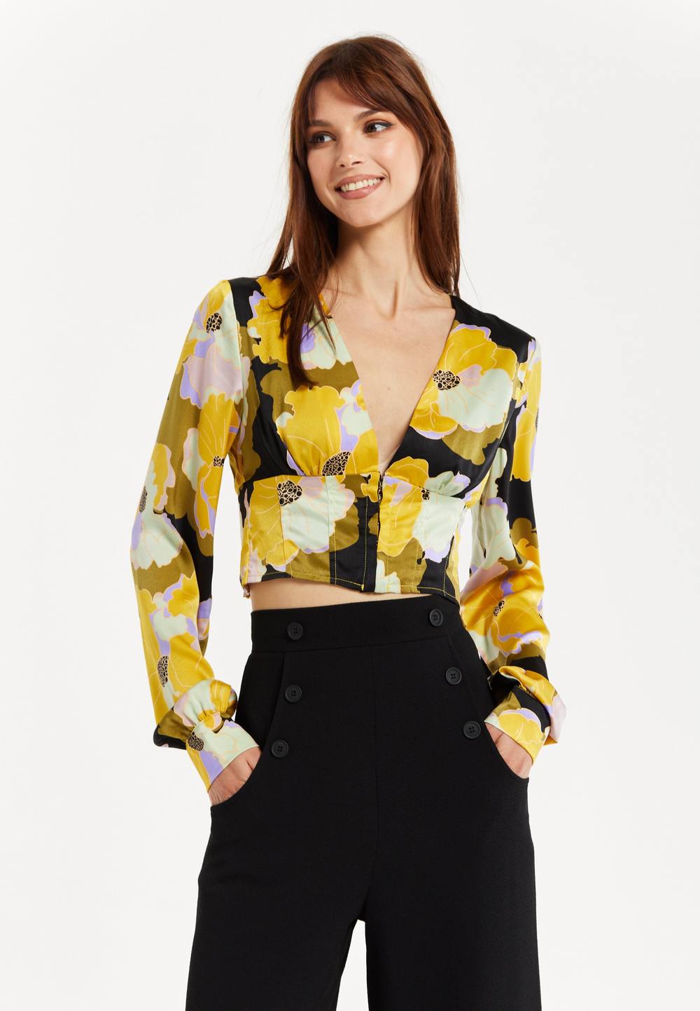 Liquorish Earth Tone Floral Print Crop Top In Black