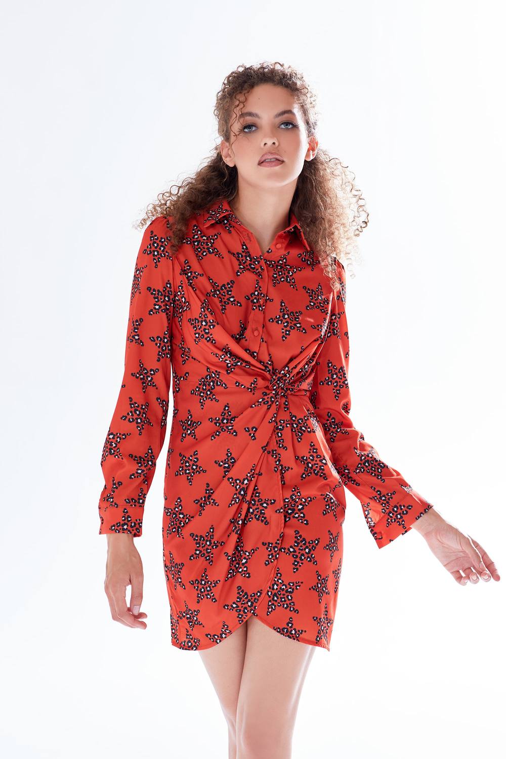 Liquorish Leopard Star Print Mini Dress With Collar And Twisted Front Detail In Orange