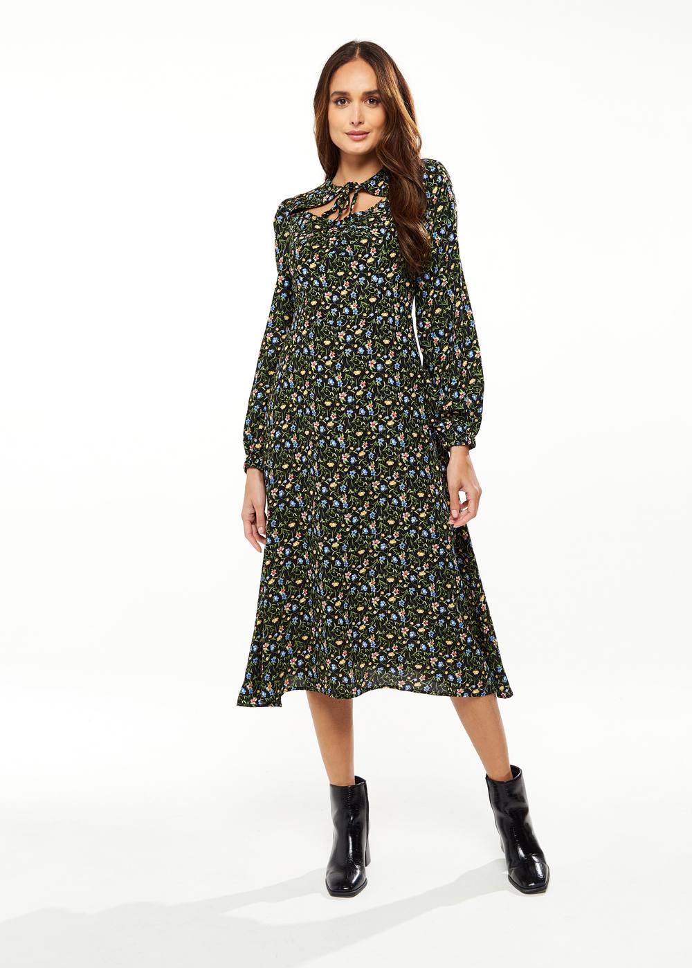 Liquorish Black Floral Print Midi Dress With Lurex And Neck Detail