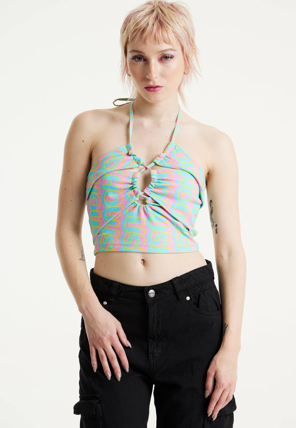 House Of Holland Logo Printed Halter Neck Crop Top