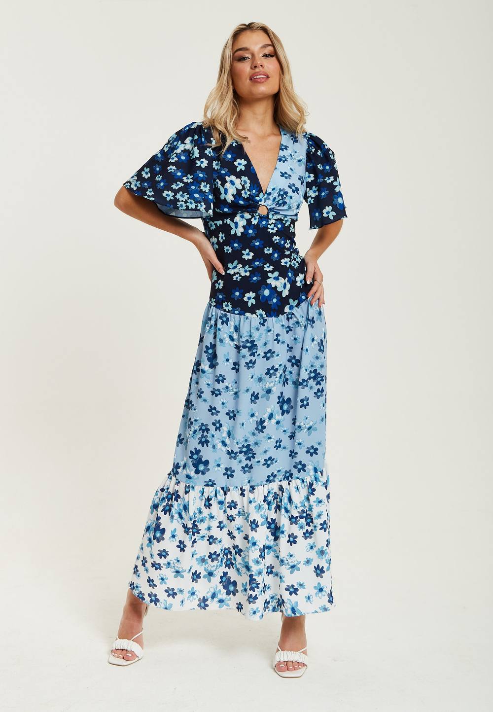 Liquorish Floral Print Midi Dress In Blue, Navy And White