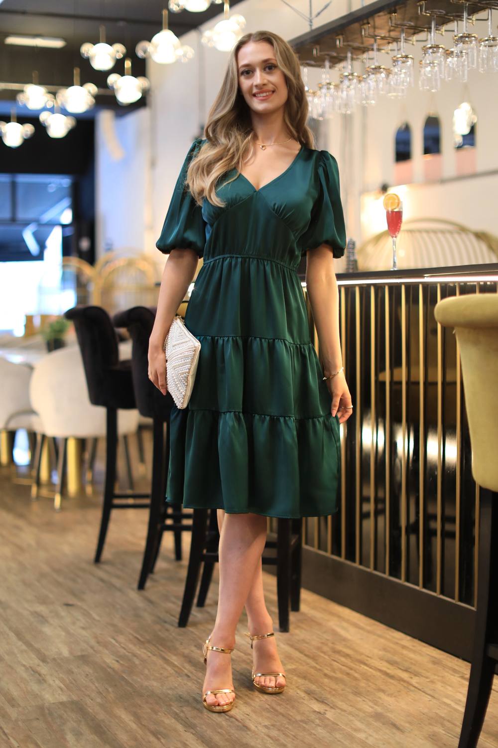 Double Second Satin Puff Sleeve V-Neck Tiered Dress In Green