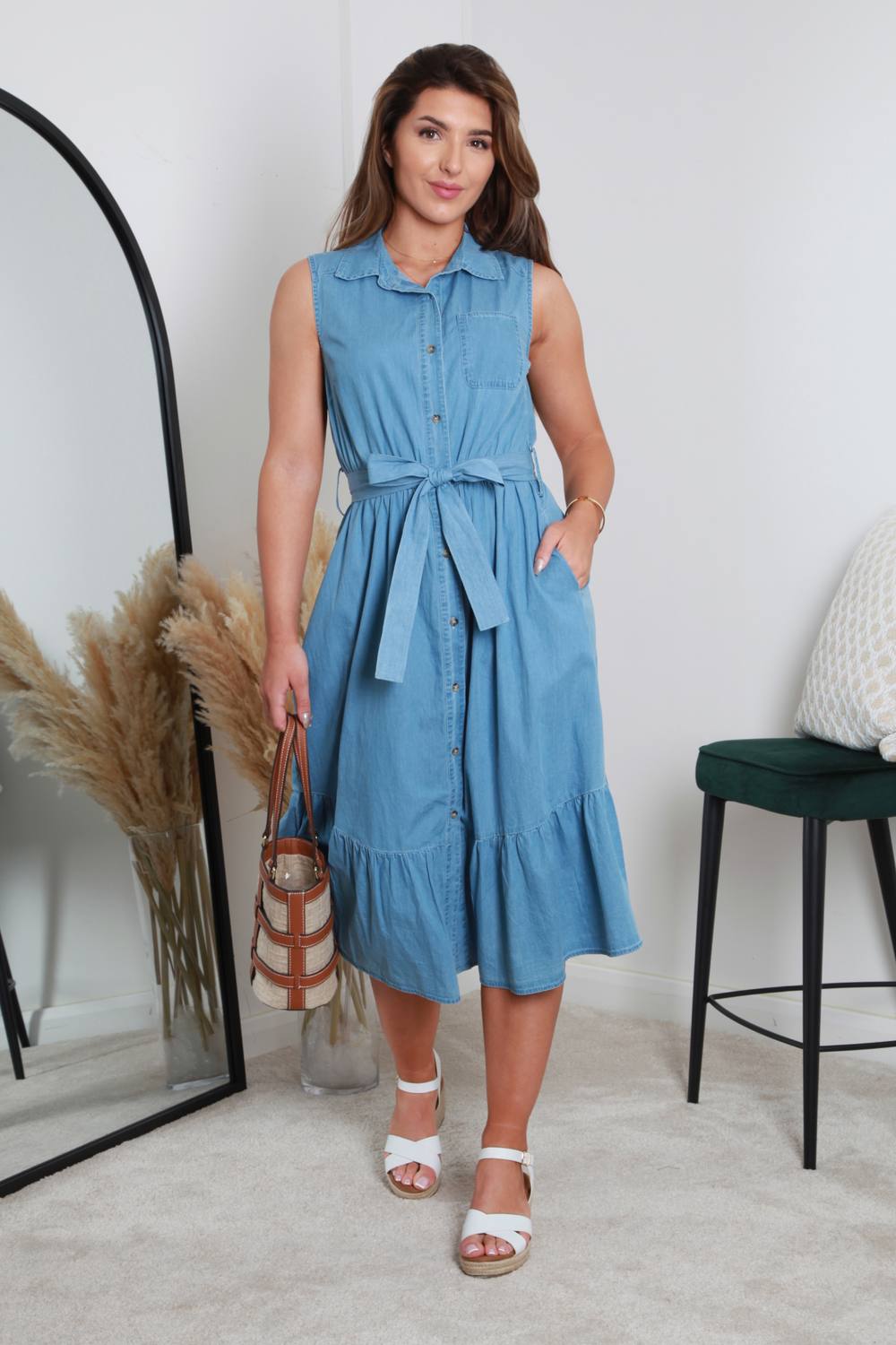 Double Second Belted Denim Chambray Shirt Dress In Blue
