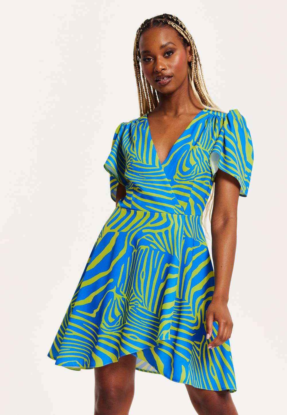 Liquorish Angel Sleeve Wrap Mini Dress In Multi