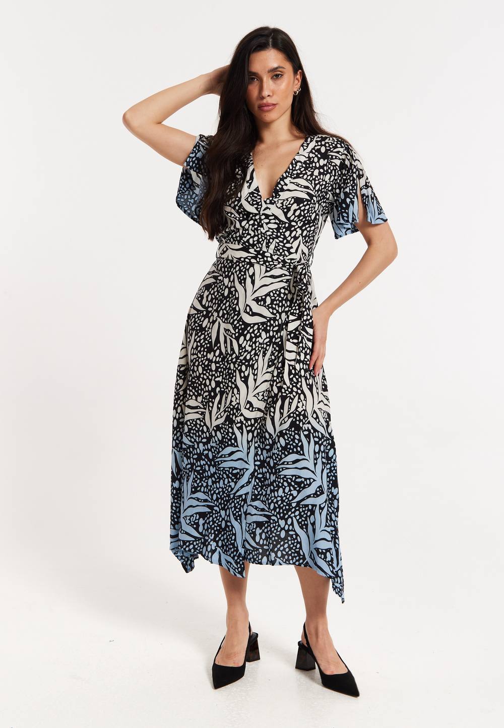 Liquorish Printed Blue Dip Dye Wrap Midaxi Dress