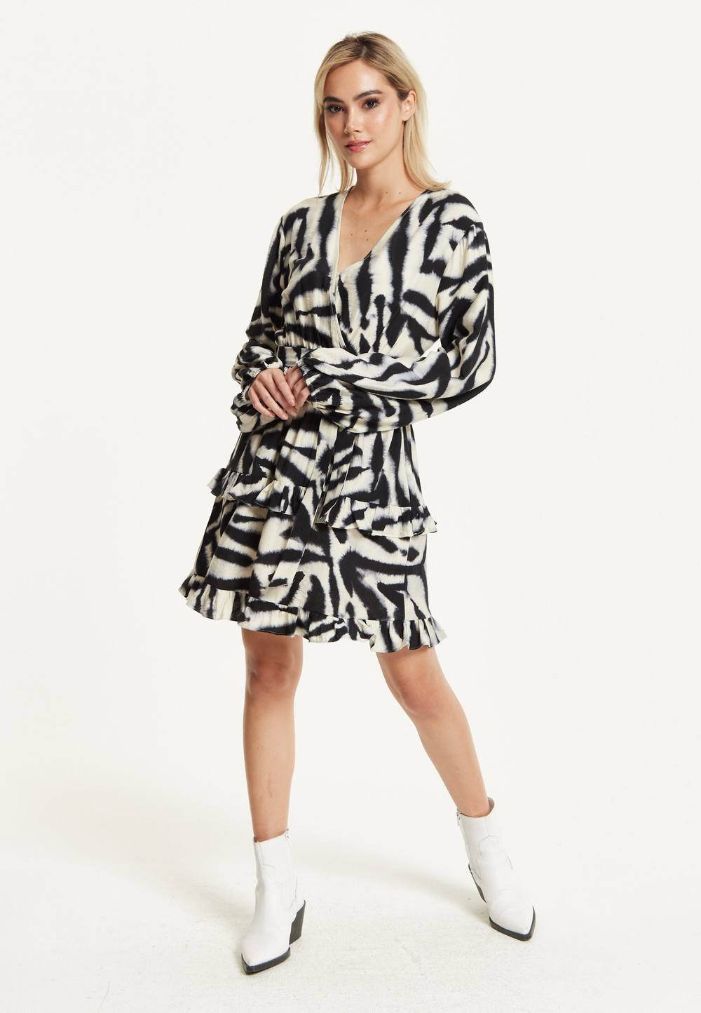 Liquorish Black Grey Zebra Print Wrap Dress