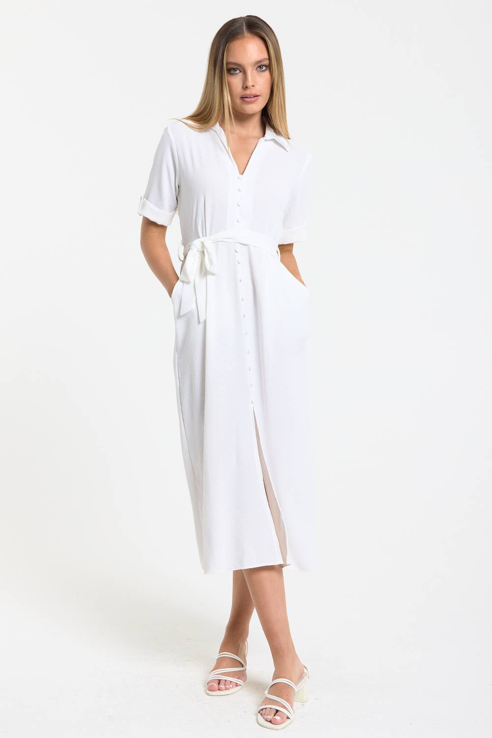 Liquorish White Button Front Midi Shirt Dress