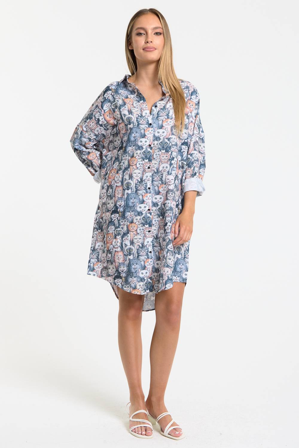 Liquorish Oversized Cat Print Shirt Dress