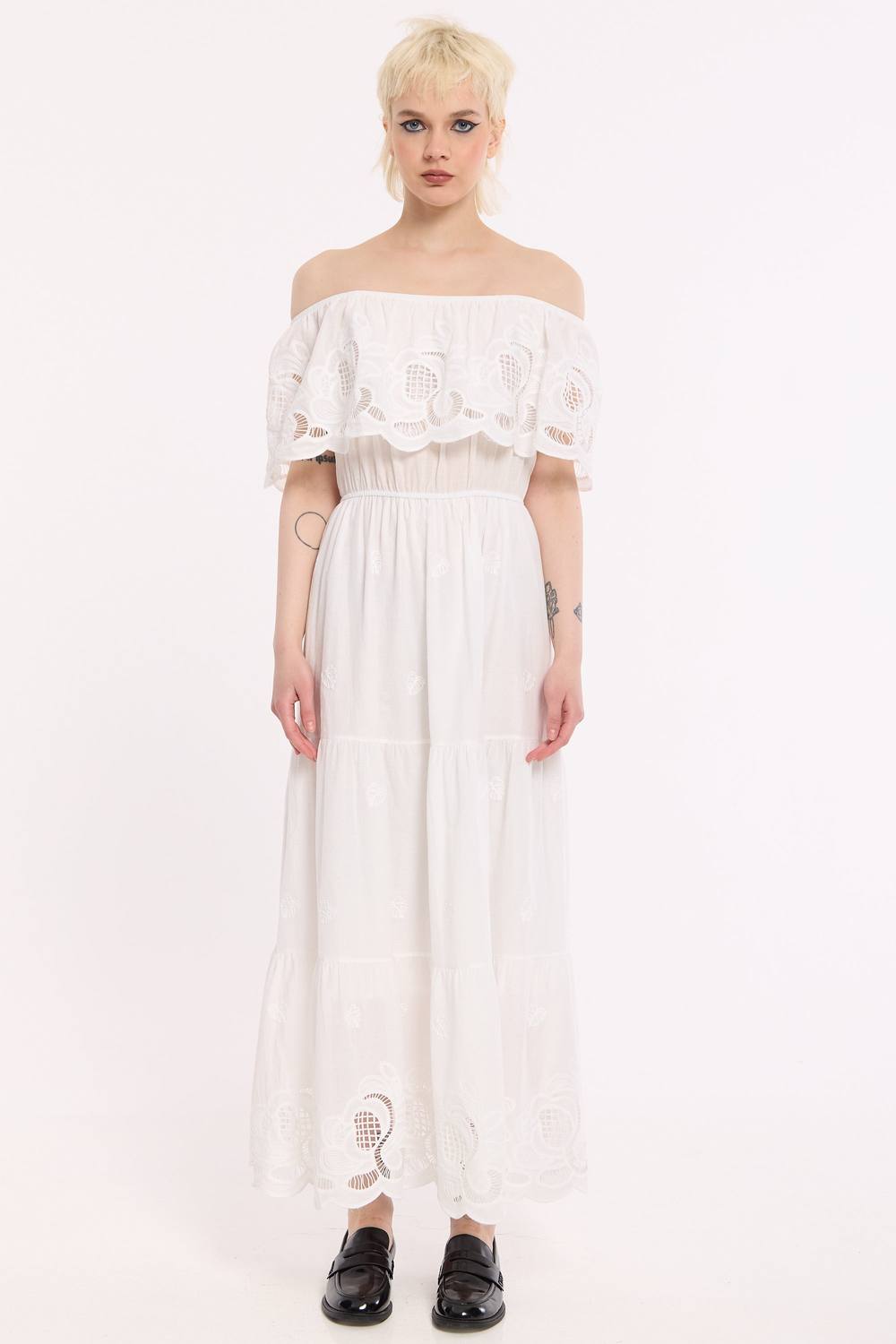 House Of Holland White Off Shoulder Broderie Maxi Dress