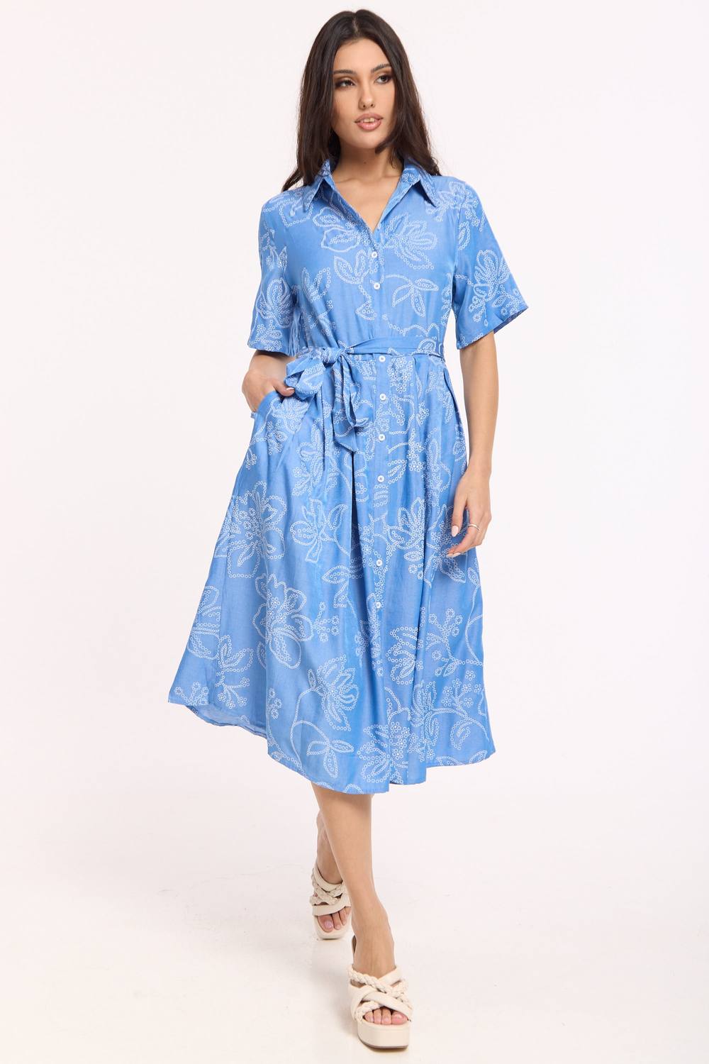 Liquorish Blue Embroidered Midi Shirt Dress