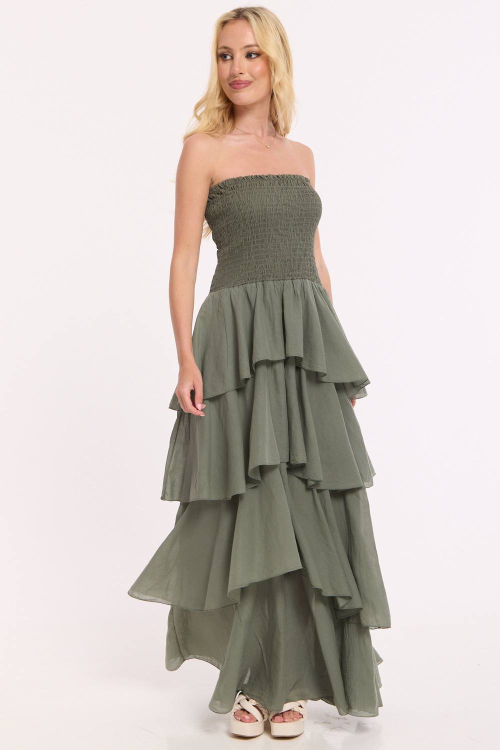 Liquorish Khaki Strapless Tiered Maxi Dress In Green