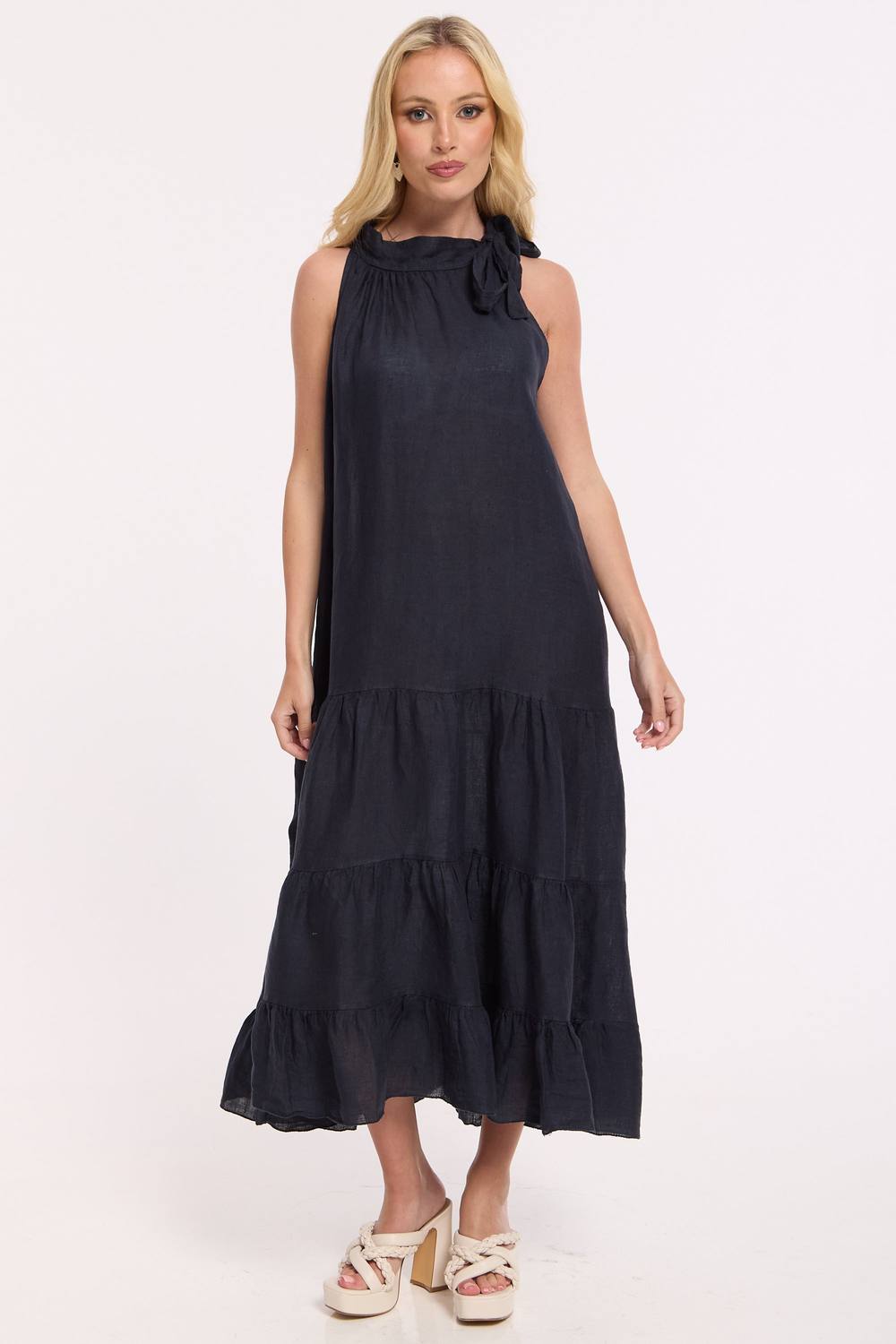 Liquorish Navy Linen Tie Neck Tiered Maxi Dress