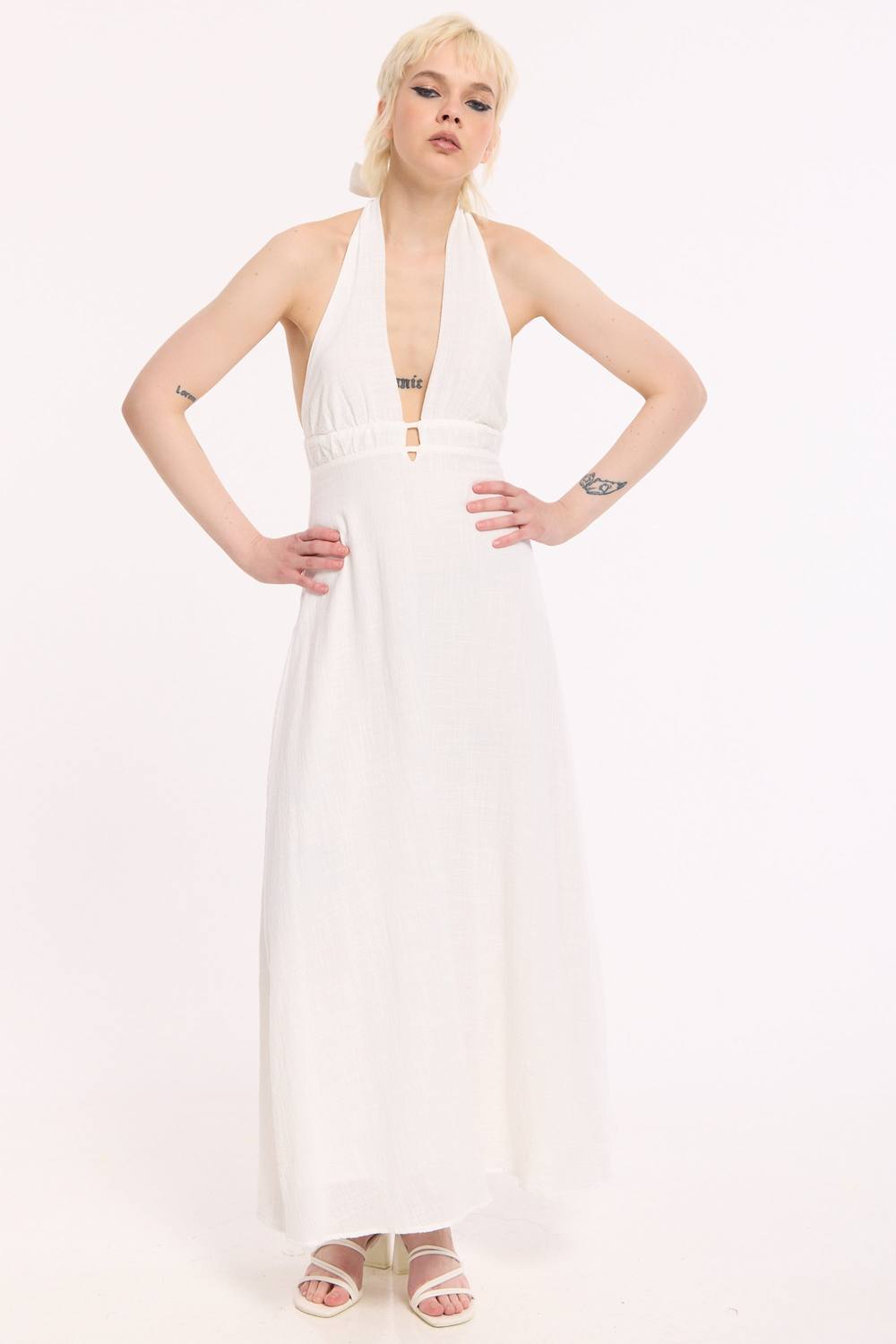 House Of Holland Halter Neck Open Back Cotton Maxi Dress In White