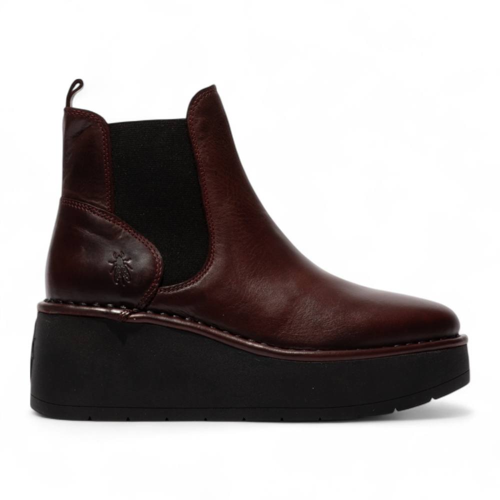 Infinity Leather Fly London Red Hely Chelsea Leather Ankle Pull-On Platform Comfort Boots In Burgundy