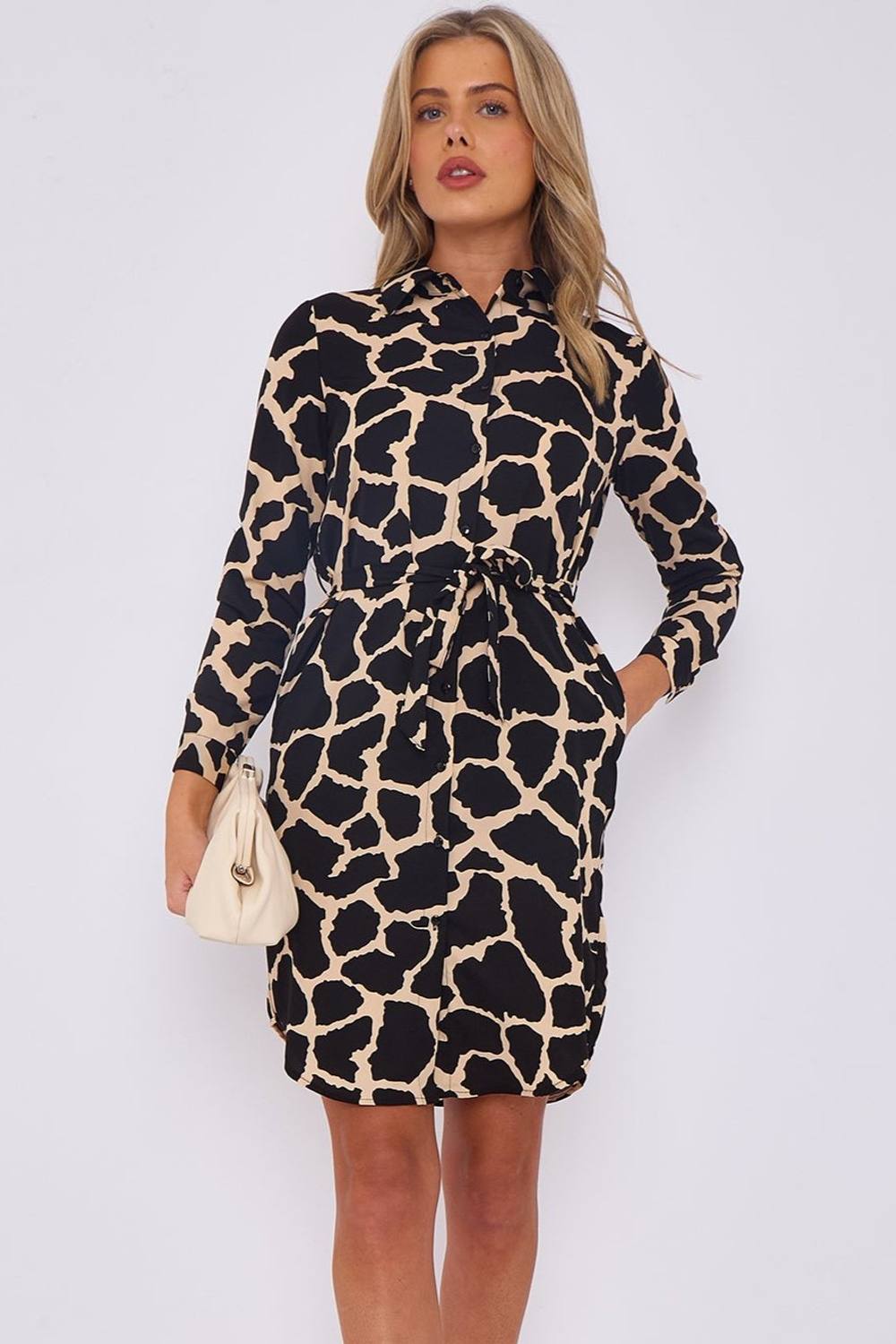 Love Sunshine Cream Giraff Print Mini Shirt Dress In Black