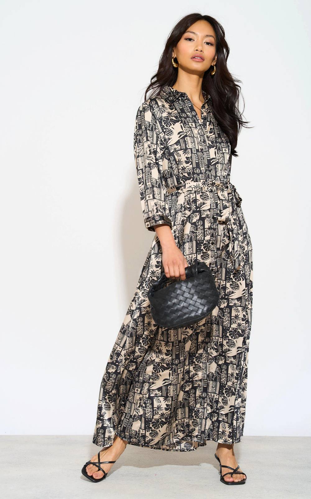 Love Sunshine Mono Mixed Scarf Print Satin Maxi Shirt Dress In Black