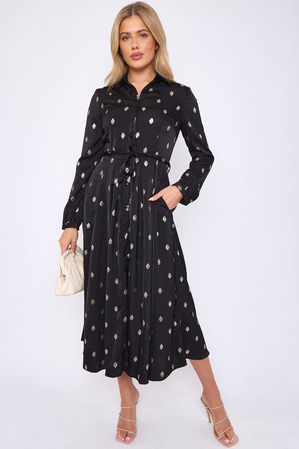 Love Sunshine Gold Foil Pattern Print Black Midaxi Shirt Dress