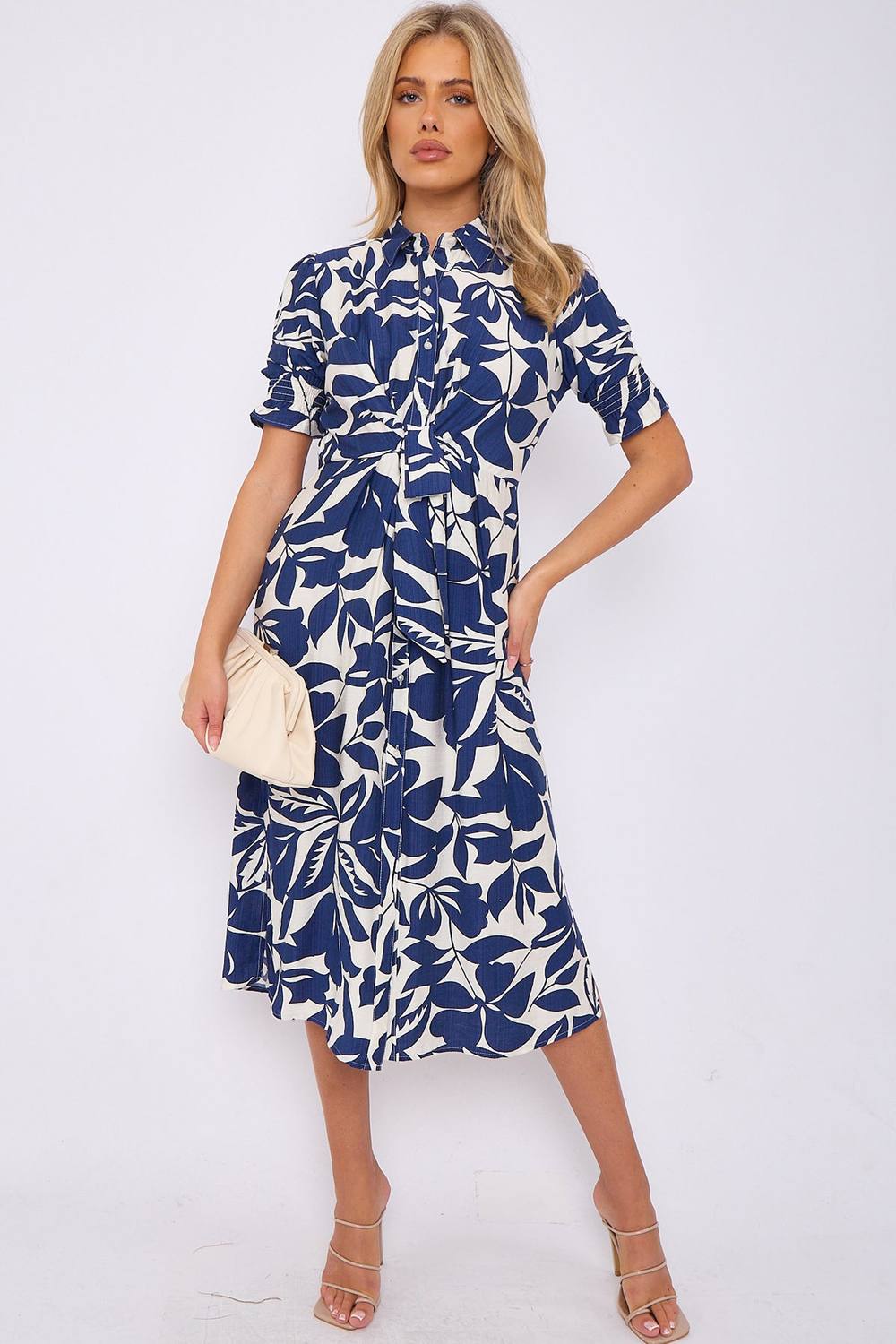 Love Sunshine Navy Floral Print Baloon Sleeve Knot Waist Midi Dress In Blue