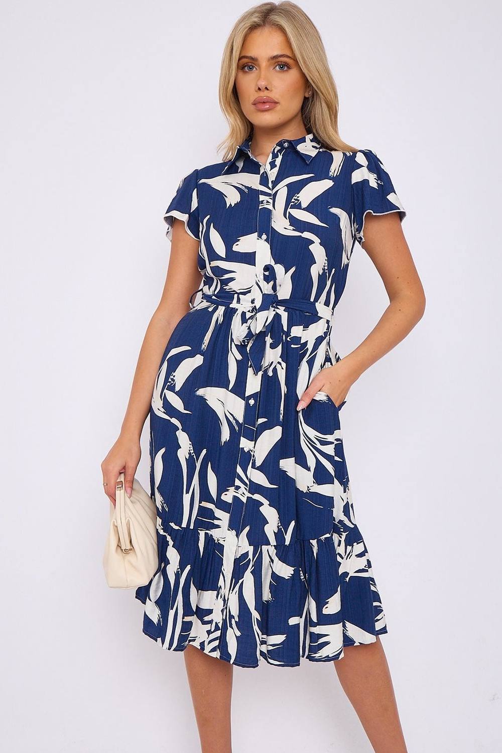 Love Sunshine Blue Abstract Leaf Printed Frilled Hem Midi Dress In Navy