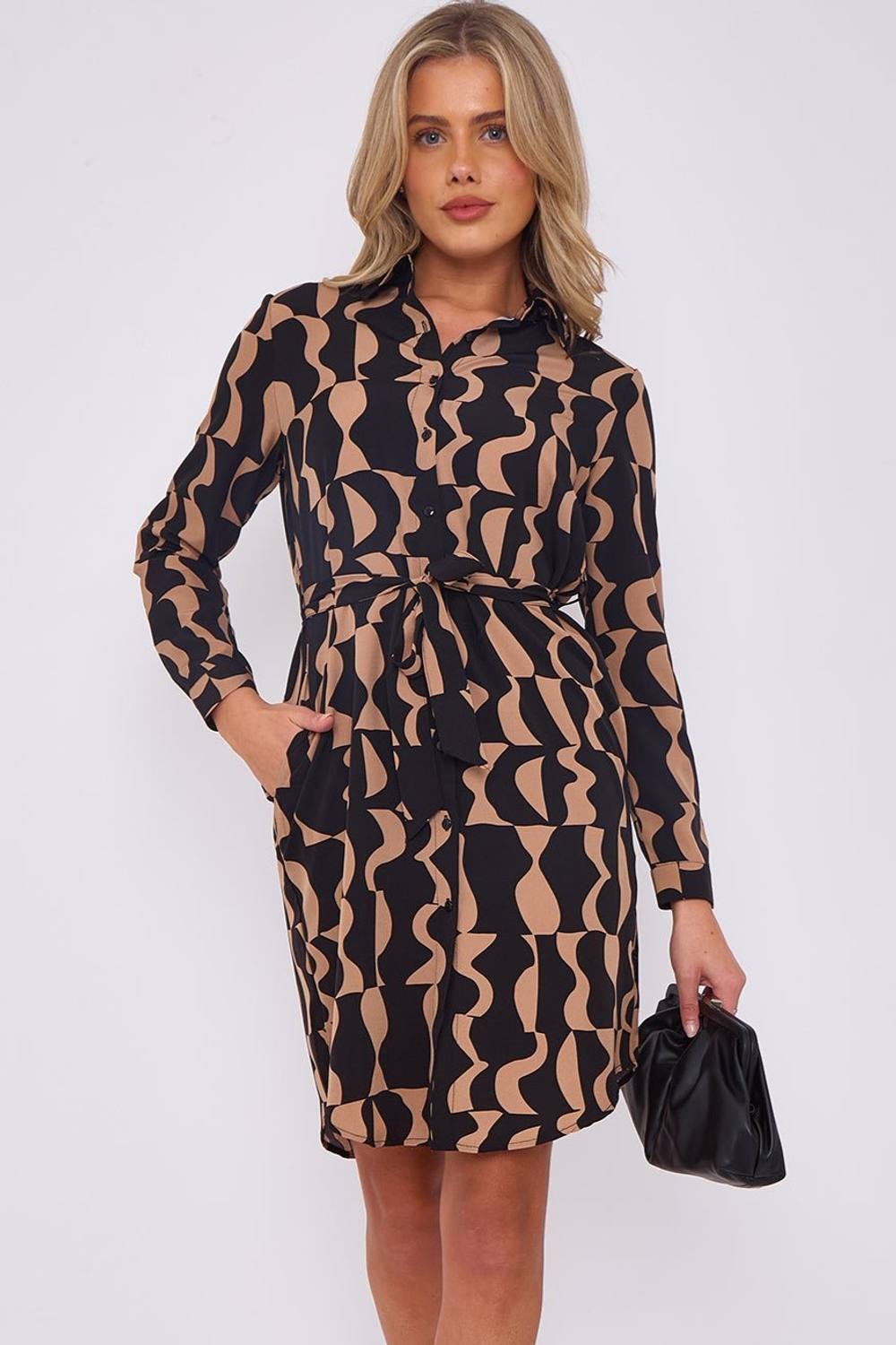 Love Sunshine Brown Geo Print Mini Shirt Dress
