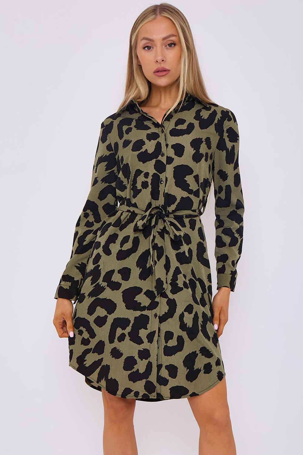 Love Sunshine Khaki Leopard Print Mini Shirt Dress In Green