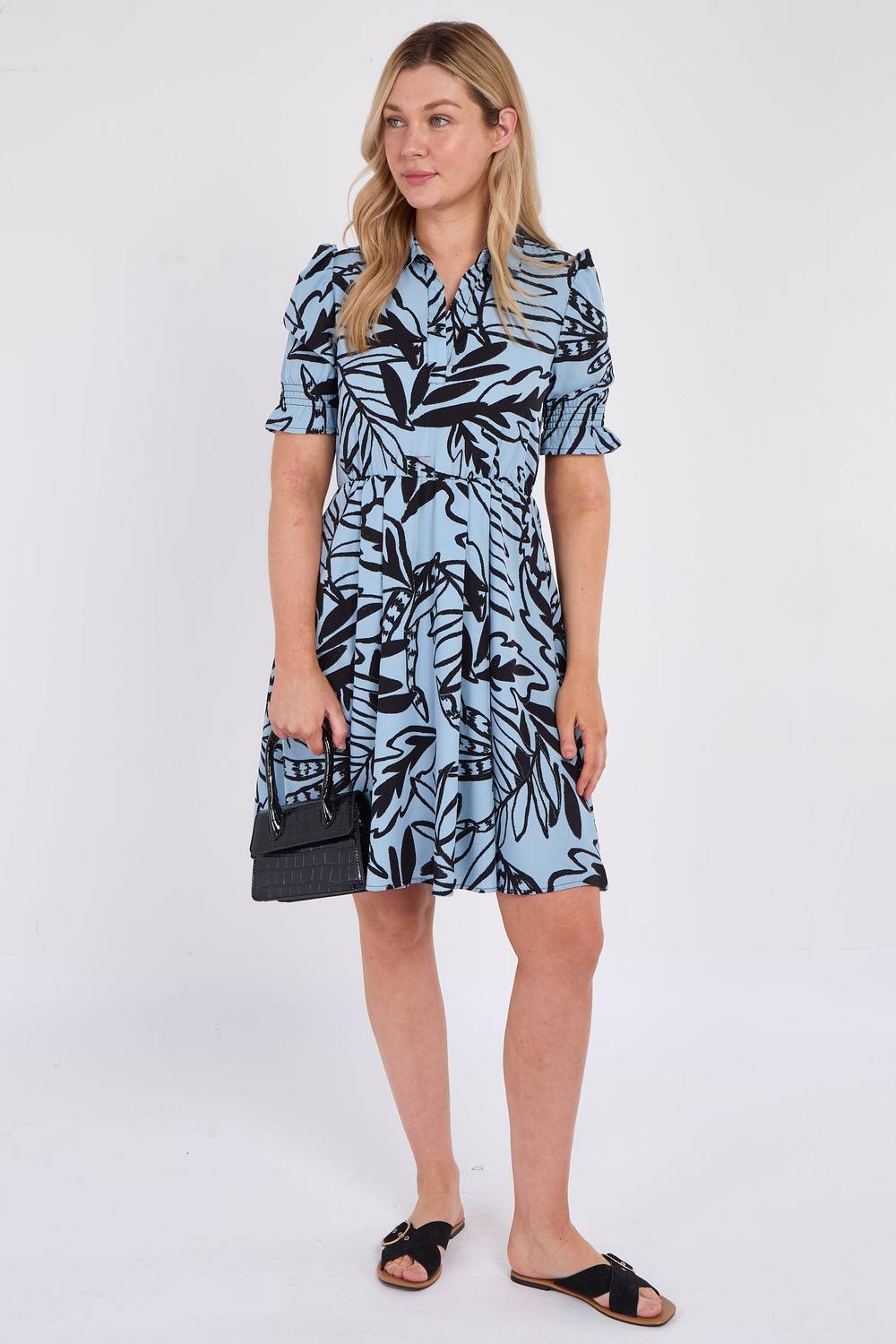 Love Sunshine Powder Blue Leaf Print Mini Dress