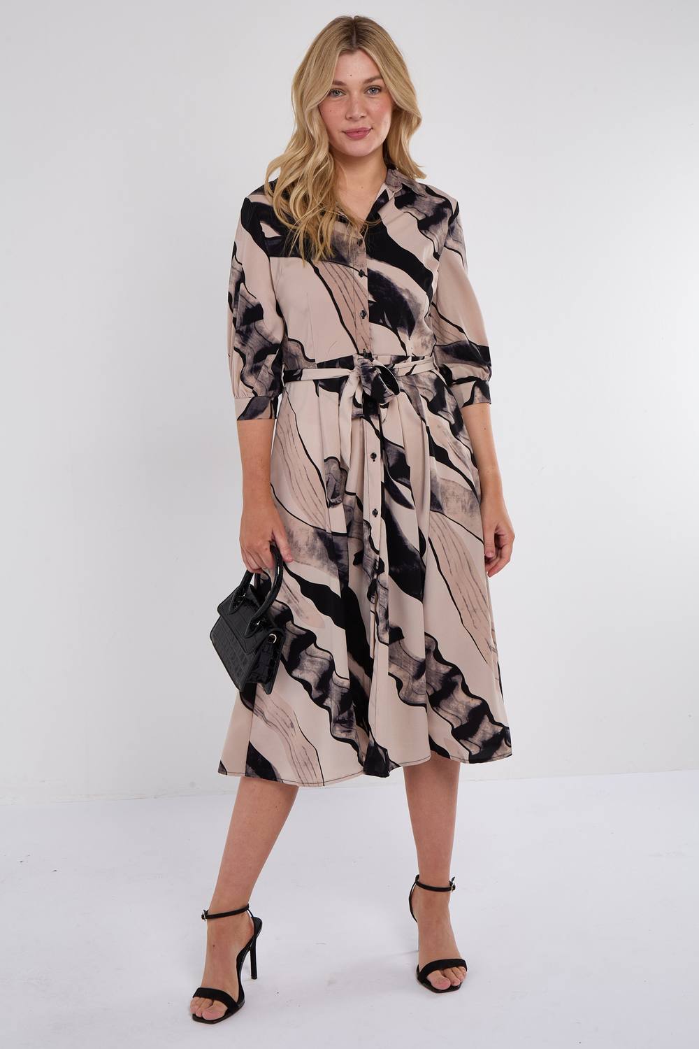 Love Sunshine Beige Abstract Print Half Sleeve Black Midi Shirt Dress