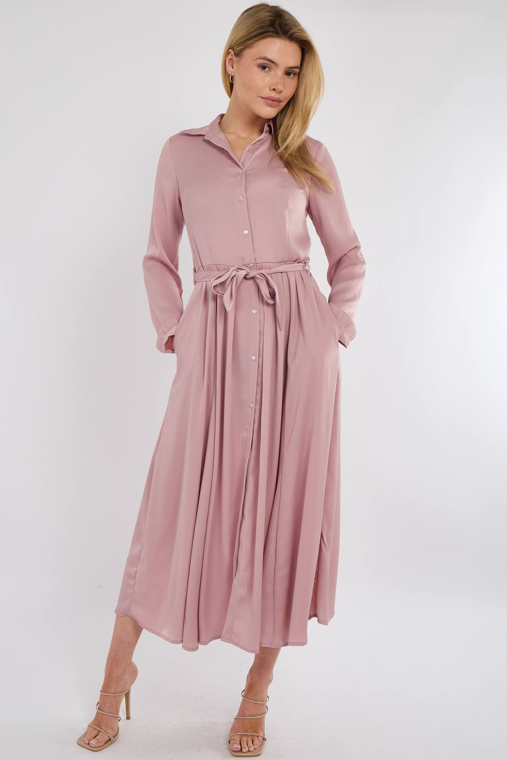 Love Sunshine Layered Satin Long Sleeve Maxi Shirt Dress In Pink