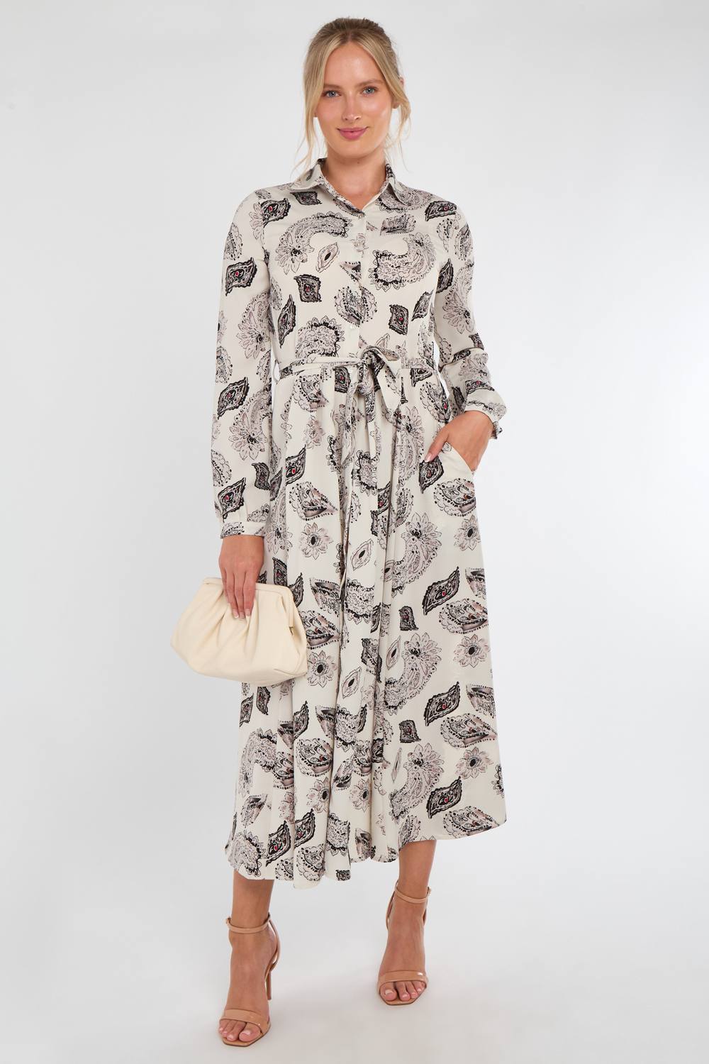 Love Sunshine Cream And Black Paisley Print Maxi Shirt Dress In Grey
