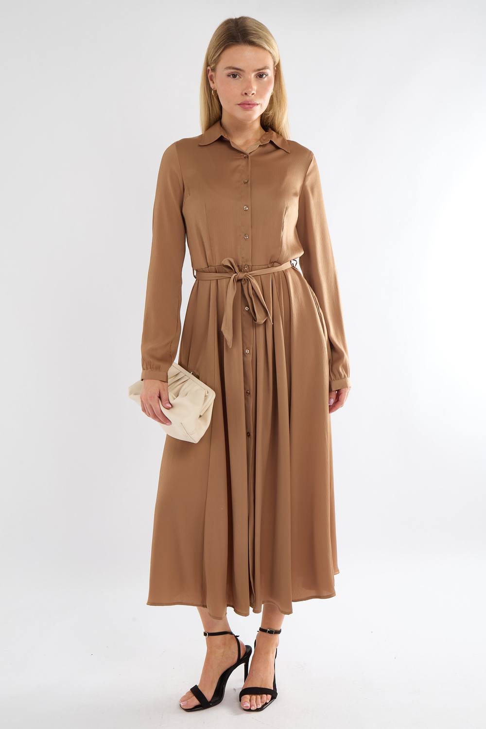 Love Sunshine Layered Satin Long Sleeve Maxi Shirt Dress In Bronze