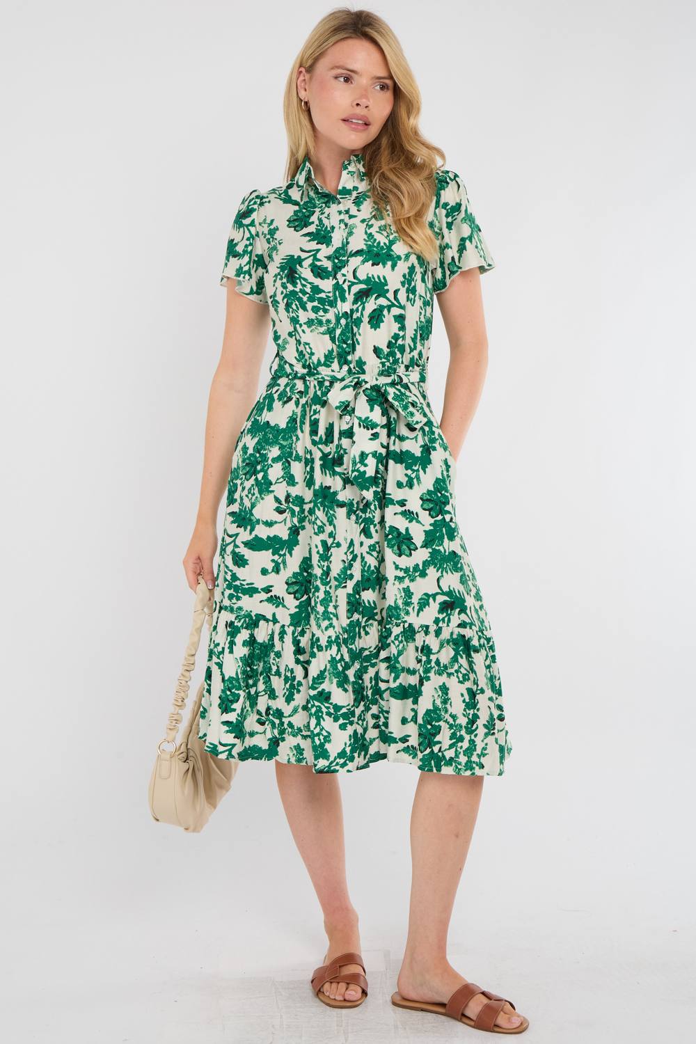 Love Sunshine Green Leaf Print Linen-Blend Midi Shirt Dress