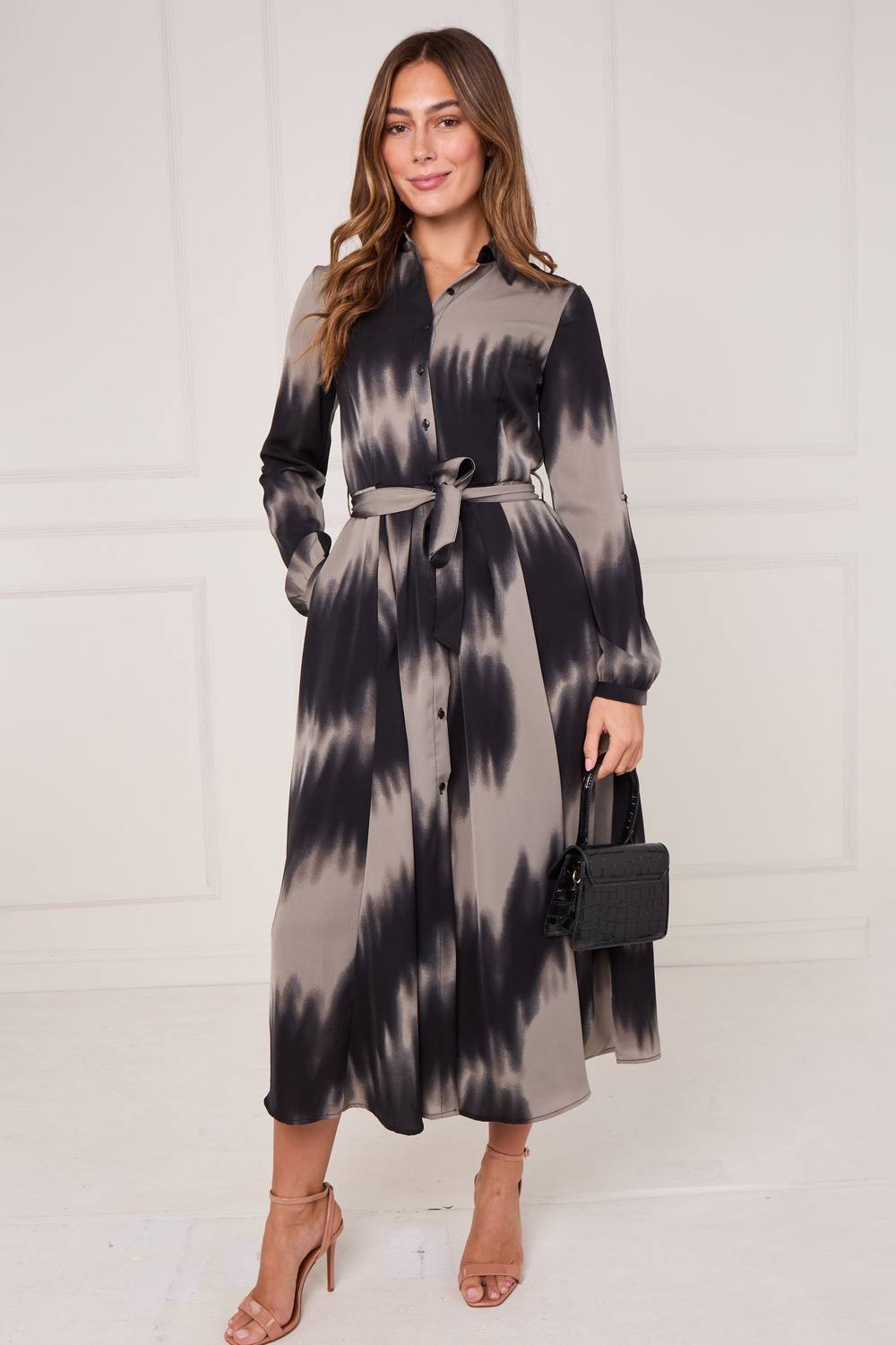 Love Sunshine Black And Grey Tie Dye Wave Print Maxi Shirt Dress
