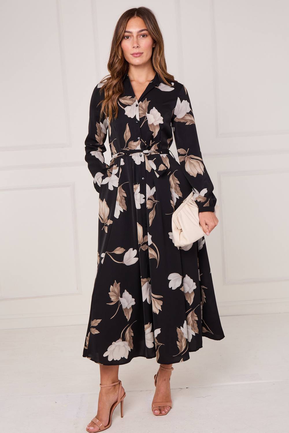 Love Sunshine Black And Taupe Magnolia Print Maxi Shirt Dress