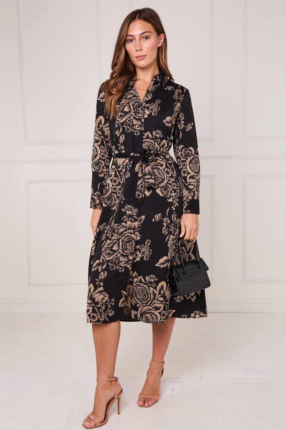 Love Sunshine Black And Gold Vintage Rose Print Midi Shirt Dress
