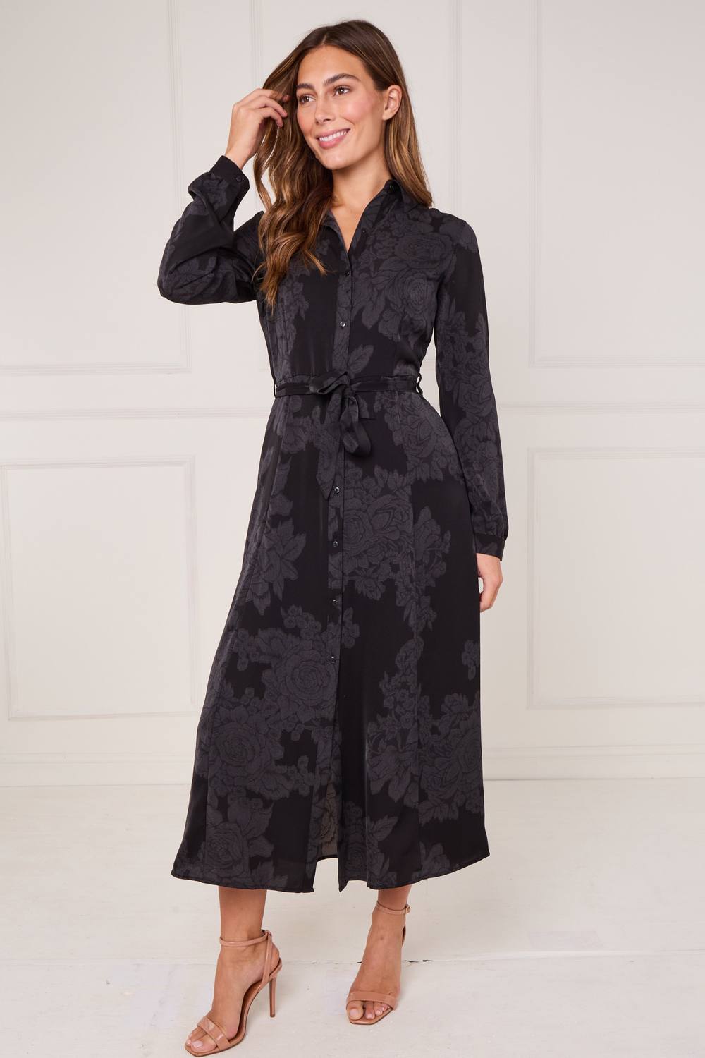 Love Sunshine Black Tonal Rose Print Maxi Shirt Dress