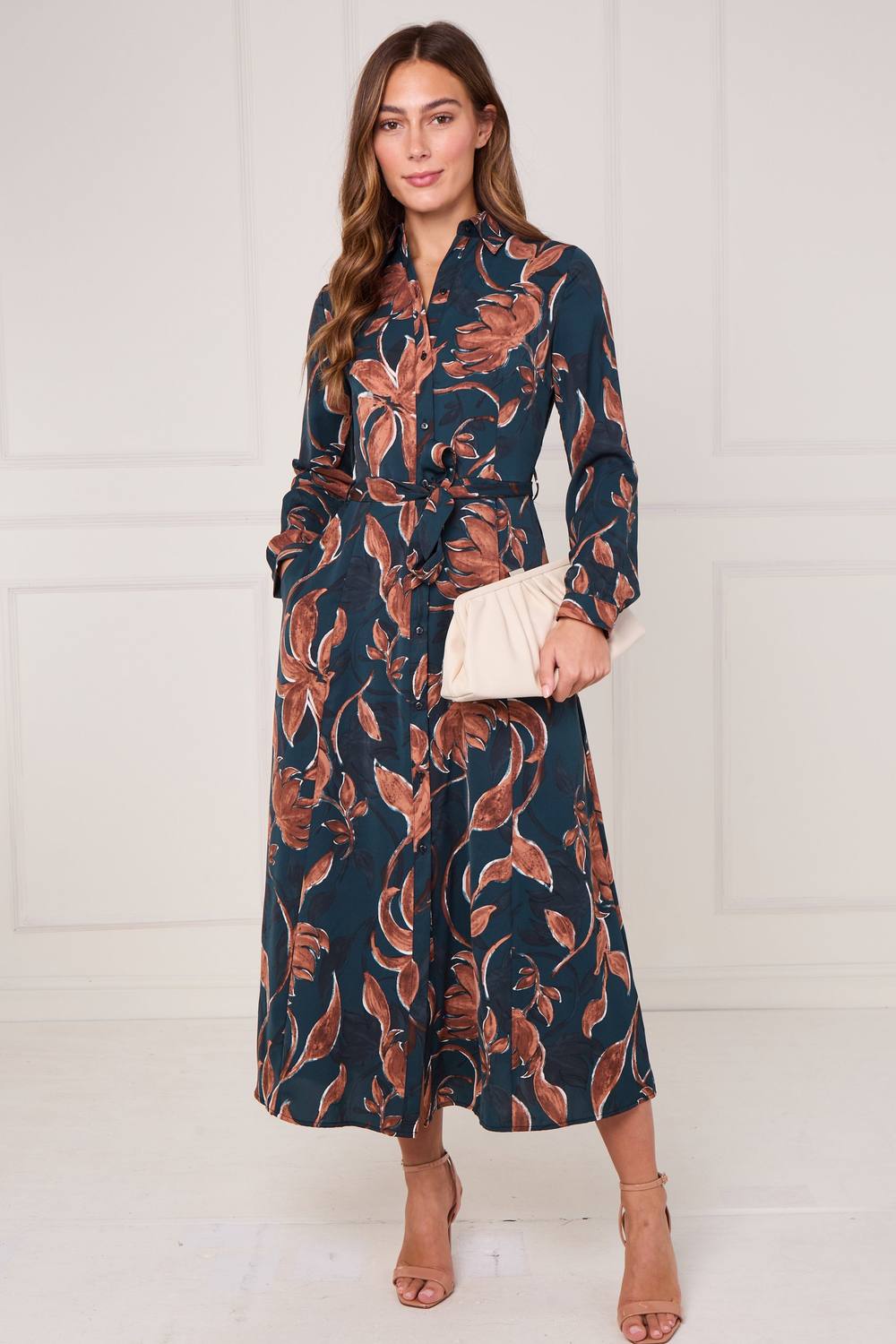 Love Sunshine Teal And Chestnut Floral Print Maxi Shirt Dress