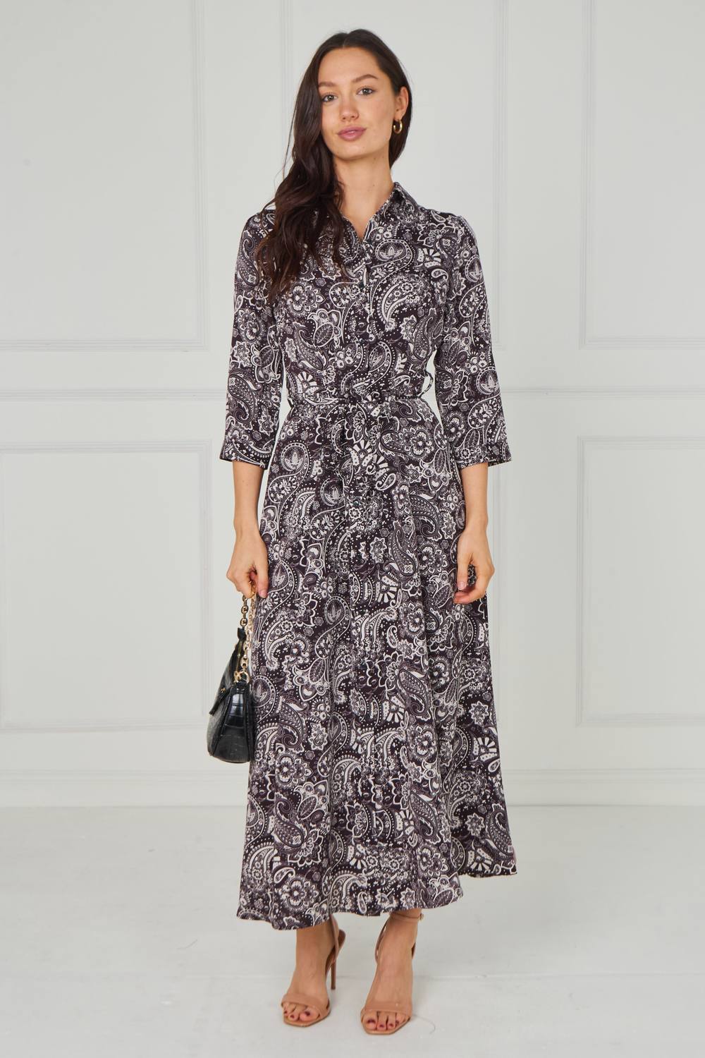 Love Sunshine Espresso Paisley Print Belted Maxi Shirt Dress In Black
