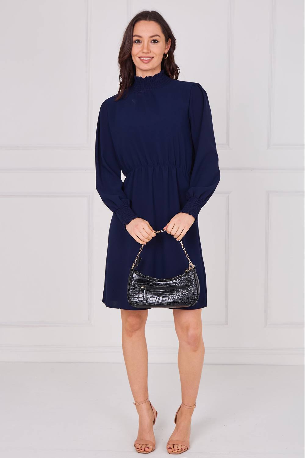 Love Sunshine Navy Shirred Neck Long Sleeve Dress