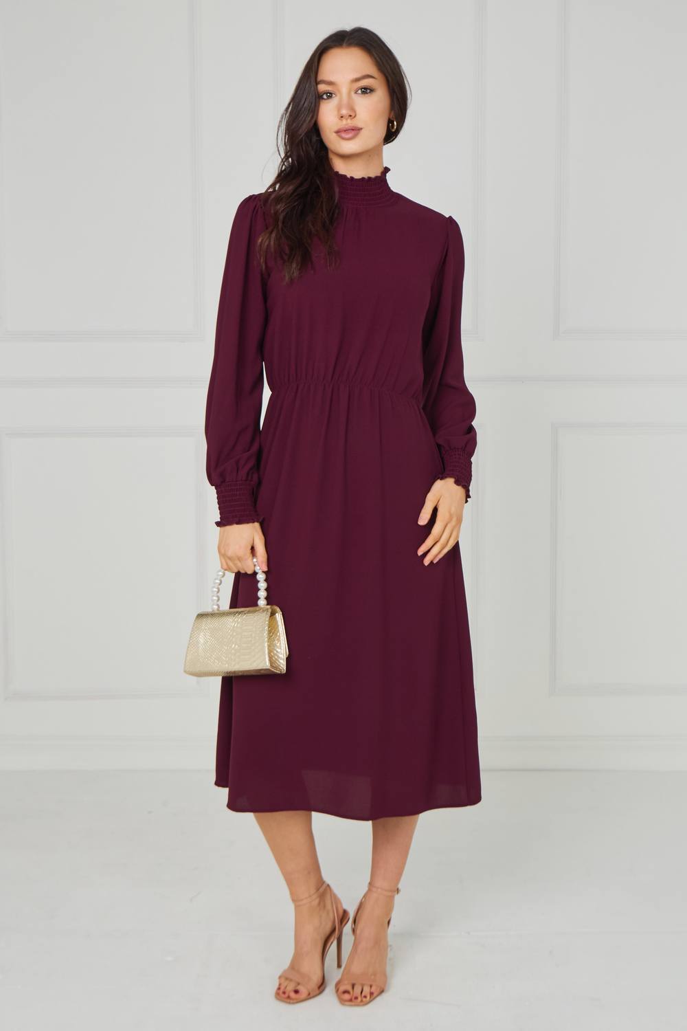 Love Sunshine Merlot Shirred High Neck Midaxi Dress In Wine