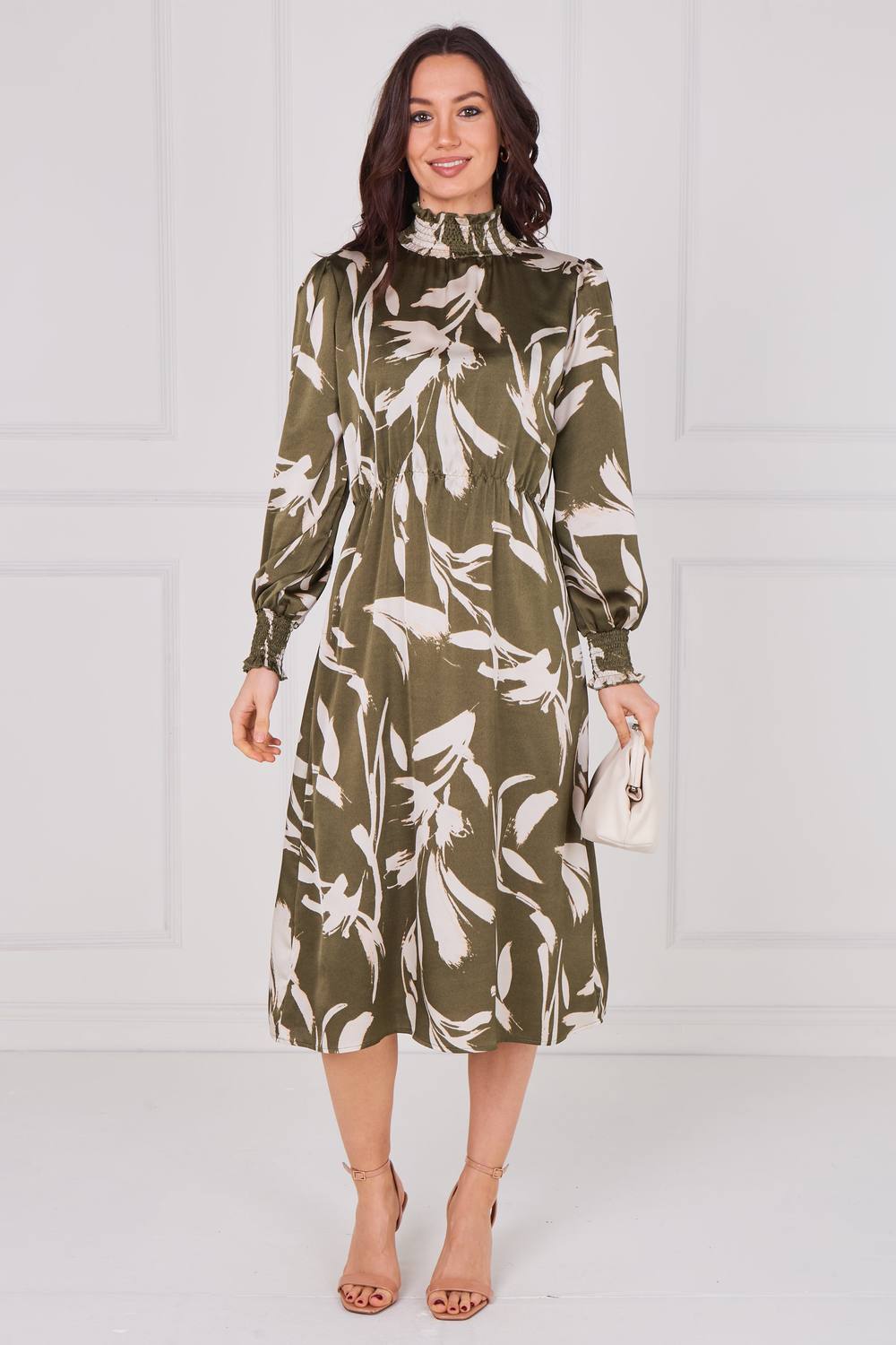 Love Sunshine Olive Whisper Floral Shirred Neck Midaxi Dress In Green